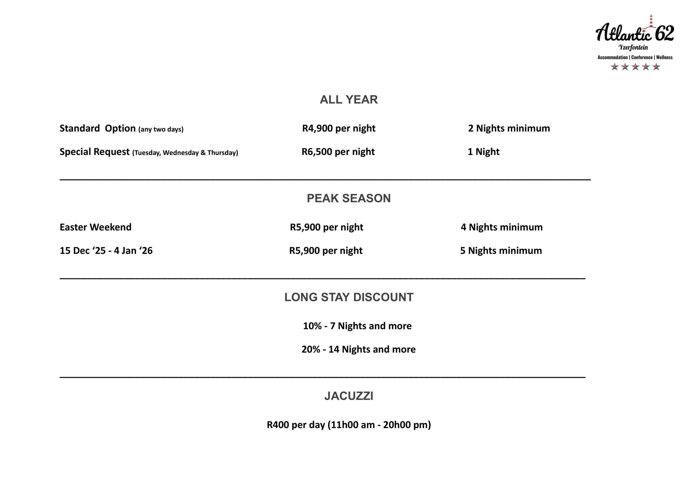Atlantic 62 Rates 2025 - Pricelist